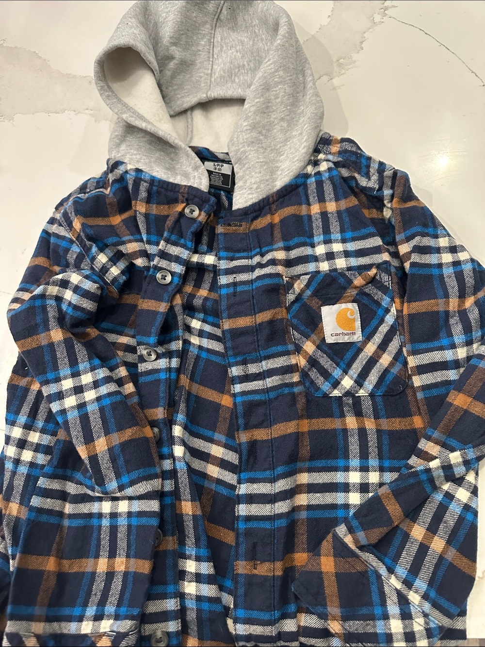 Carhartt Kids Blue Brown White Plaid Hooded Flannel Shirt EUC
